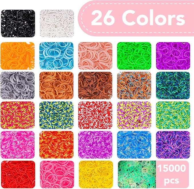 SUMAJU 18500+ Bracelet Making Kit Rubber Band, 26 Colors Rubberband Bracelet Kit with 3 Layer Container Includes Glow-in-The-Dark Rubber Bands, Bracelet Making Refill Kit Birthday Gift for Kids(Pink)