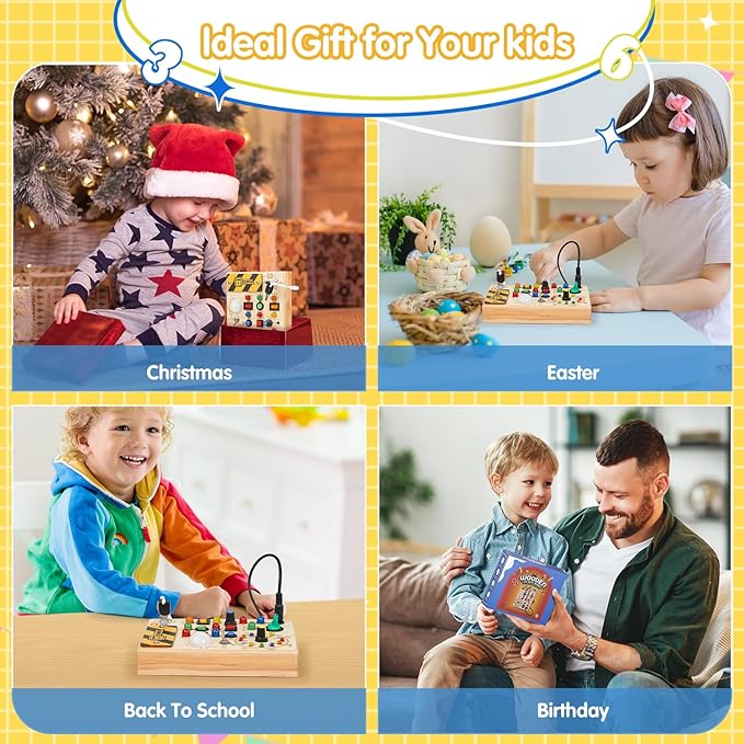 Montessori Busy Board Toys: Wooden Sensory Toy for Toddler with LED Light Up Switch, Educational/Christmas/Birthday Gifts for 1-3 Year Old Boys & Girls