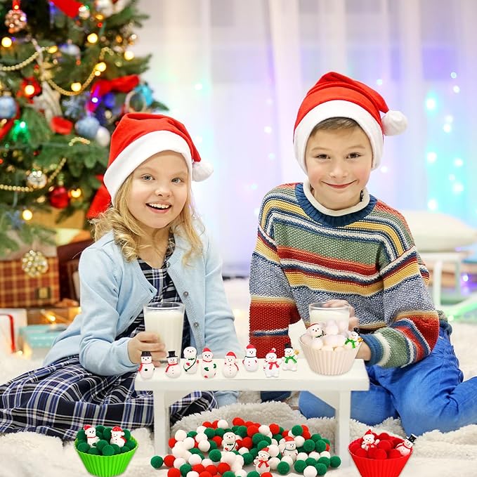 277 PCS Christmas Sensory Bin Filler Winter Sensory Bin Items 240 Pompoms 24 Resin Xmas Snowman 6 Cups 6 Tweezers 1 Storage Box for Winter Christmas Sorting Counting Training Education Activities