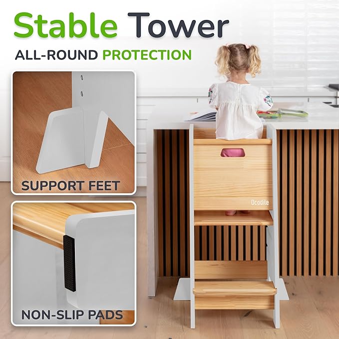 OCODILE Toddler Tower with a Sliding Door and 3 Adjustable Heights - Complete Toddler Kitchen Stool Helper with Support Feet - Safe Design for 18+ Months to 6-Year-Old Kids - White