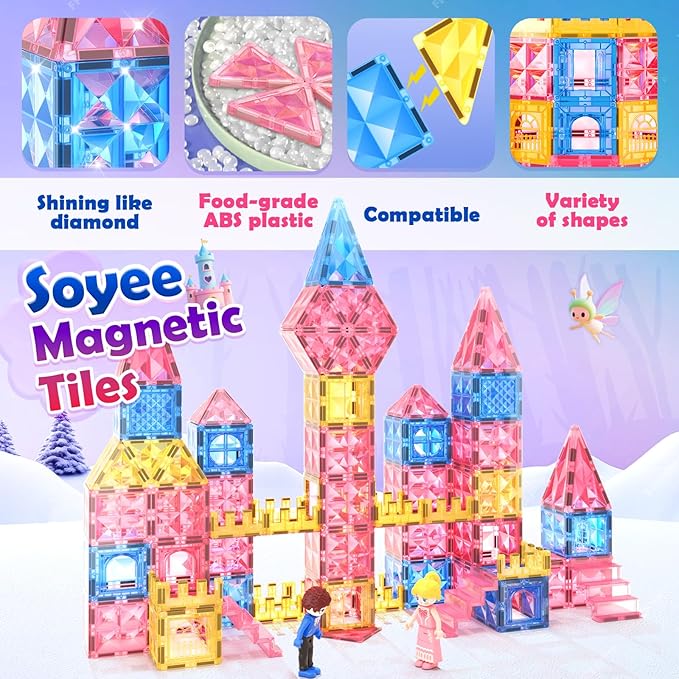 Diamond Magnetic Tiles for Kids: Magnet Building Blocks for Girls & Boys Age 3-8 Princess Castle Toy Birthday Sensory Game 4 5 6 7 8 12 Year Old Learning Classroom Must Have Decor