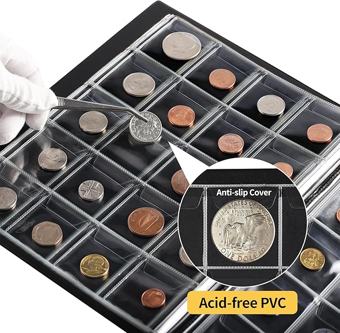200 Pockets Coin Albums - 45x45 mm/1.8x1.8 inch Pocket Green Coin Book 10 Pages Coin Collection Holder Letter Size Coin Storage Book CS0220GR
