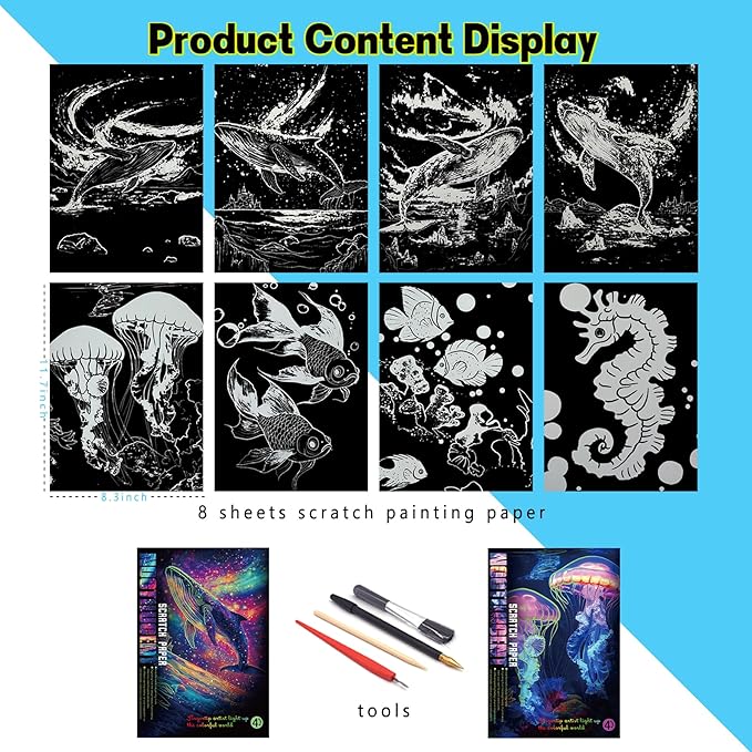 Scratch Paper Art for Adults-Glow in The Dark Scratch Painting Craft Kit (8 Sheets A4)|Foil Engraving Art Set|Stress Relief Gift for Craft Lovers|Creative Scratch Art Home Decor(Whales&Jellyfish)