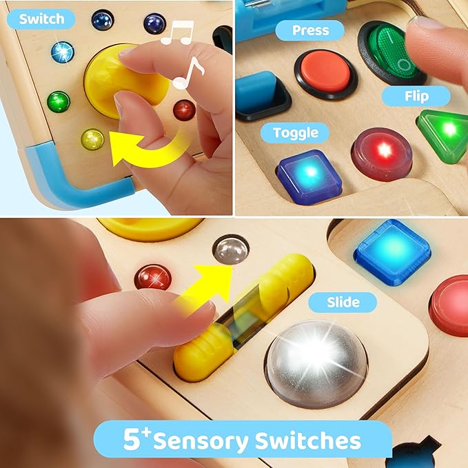 Electronic Busy Board – Montessori Learning Toddler Toy, 15 LED Lights & 9 Sound Effects, 5 Interactive Switches & Plugs, Sensory, Fidget, Travel Activities, Early Development, Baby Toys Age 18M+ Old