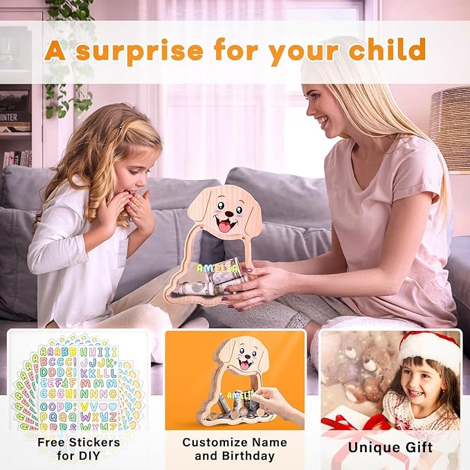 Wooden Dog Piggy Bank for Kids with Letter Stickers, Cute Labrador Large Money Box for Boys, Girls, Wooden Coin Bank, Piggy Money Jar Personalizable Gift, Educational Toy for Kids