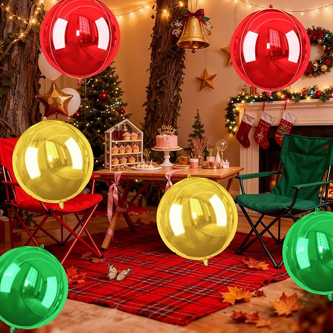 Christmas Foil Balloons Red Green Gold, 6 Pcs Red and Green Round Balloons, 22 Inch Big Round Foil Balloon for Christmas Party Decorations