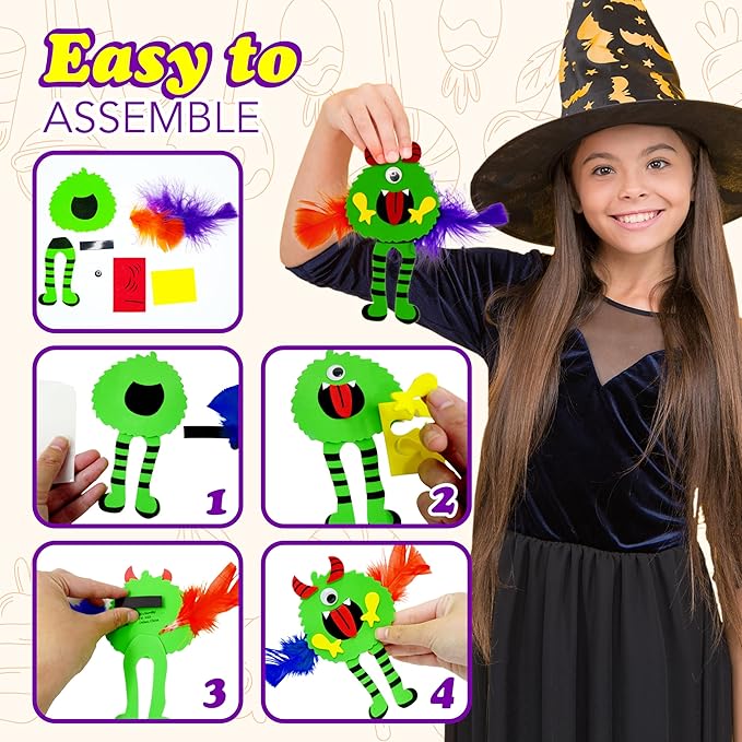 4E's Novelty Halloween Crafts for Kids (4 Pack) Silly Monsters Foam Magnet Fall Crafts Bulk, Halloween Party Activities