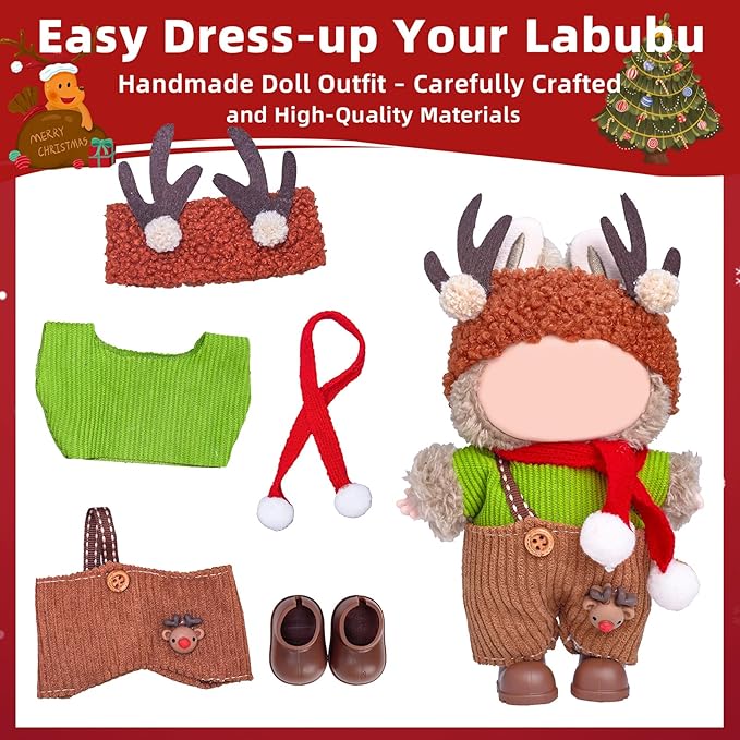17cm Doll Clothes Set (No Doll), 5 Pieces Outfit Set for 6.7inch Dolls Suit, Stylish Adorable Dolls Christmas Clothes Accessories,Includes—Moose hat + Scarf + Top +Overalls+ Shoes(Style G)