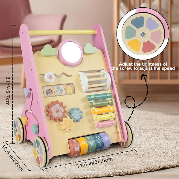 Baby Walker with Wheels, Wooden Push Walker Toys for Babies 6-12 Months, Baby Girl Walking Activity Toys for 1 Year Old