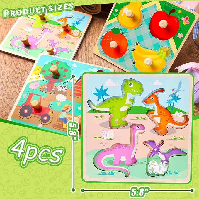 LovesTown Wooden Peg Puzzles Learning Toys Montessori Educational Knob Puzzle with Handles for Toddlers Preschool Kids 4 PCS