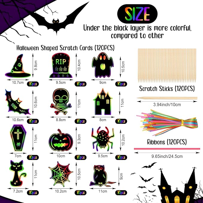 Qilery 120 Pcs Fall Halloween Scratch Paper Off Cards Magic Pumpkins Scratch Off Paper Craft Art Activities Rainbow Black Fun for Thanksgiving Party Ornaments DIY Education Game(Spooky Style)