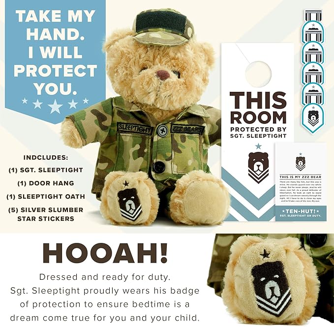 ZZZ Bears SGT Sleeptight Army Teddy Bear with Storybook & Sleep System, Comforting Gift for Army Kids, Helps with Bedtime Routine, Deployment Separation & Emotional Support