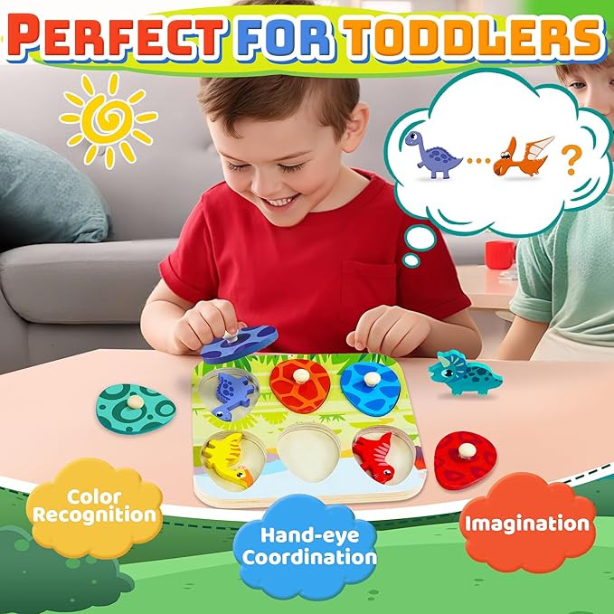 Christmas Stocking Stuffers Dinosaur Wooden Puzzles for Toddlers 1-3 Year Old, Matching Eggs Peg Puzzle Birthday Gifts for Babies Fine Motor Skills Montessori Toys for Toddler Age 2-4 Boys Girls