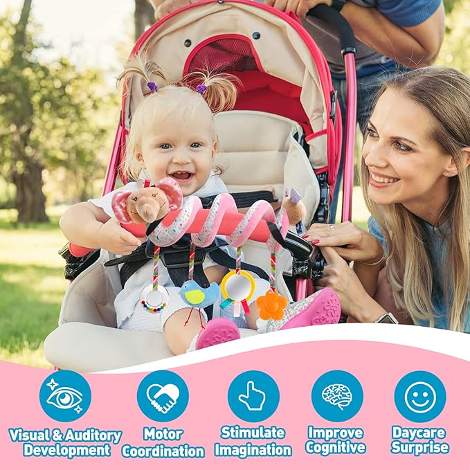 Baby Car Seat Toys Activity Stroller Toy for Boys Girls 0 3 6 9 10 12 Months, Spiral Hanging Plush Toys, Baby Shower Thank You Gifts