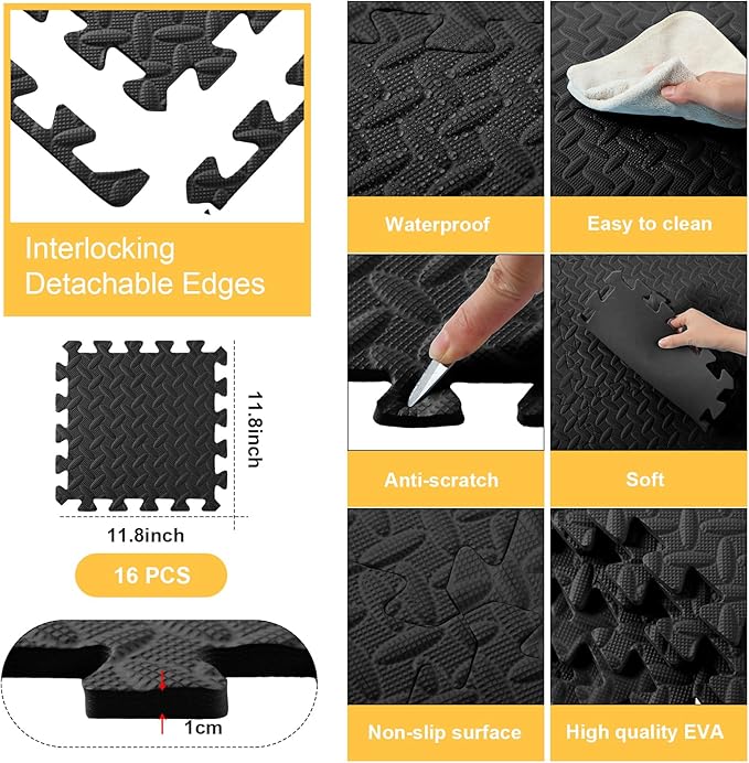 Shihanee 16 Pcs Foam Floor Baby Tiles 11.81 x 11.81 inches Foam Floor Mats Play Mats Bulk with Borders Interlocking for Kids Baby Playroom Nursery Gym（Black）