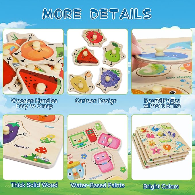 Wooden Peg Puzzles for Toddlers, 4 PCS Toddler Puzzles Set-Fruits, Sea Animals, Home Appliances, Vegetables, Baby Puzzle Montessori Toys for 3 4 5 Years Boys Girls, Kids Preschool Learninng Toys Gift