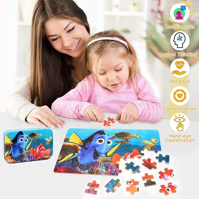 LELEMON Ocean Puzzles for Kids Ages 4-6,Underwater World 60 Piece Puzzles for Kids Ages 4-8,Children Jigsaw Puzzles in a Metal Box,Educational Learning Puzzle Toys for Girls and Boys