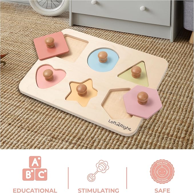 LEFT2RIGHT Wooden Puzzles for Toddlers 2-4 | Montessori Toys for 1-4 Year Olds | Educational Shape Edition Puzzle for Motor Skills & Sensory Learning | Wooden Toddler Puzzles Ages 1-3 Shape Edition