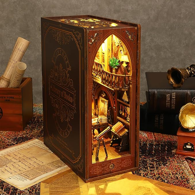 Book Nook Kit, DIY Dollhouse Booknook Bookshelf Insert Decor Alley, DIY Book Nook Miniature Kit with Lights, 3D Wooden Puzzle Decorative Bookend Miniature Model Kits for Kids/Adults