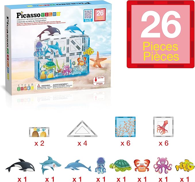 PicassoTiles 26pcs Magnetic Tiles Magnet Tile Building Blocks Marine Animal World Themed Set with 8 Ocean Character Action Figures STEM Learning Toy Construction Toddlers Boys Girls Ages 3+ PTQ25