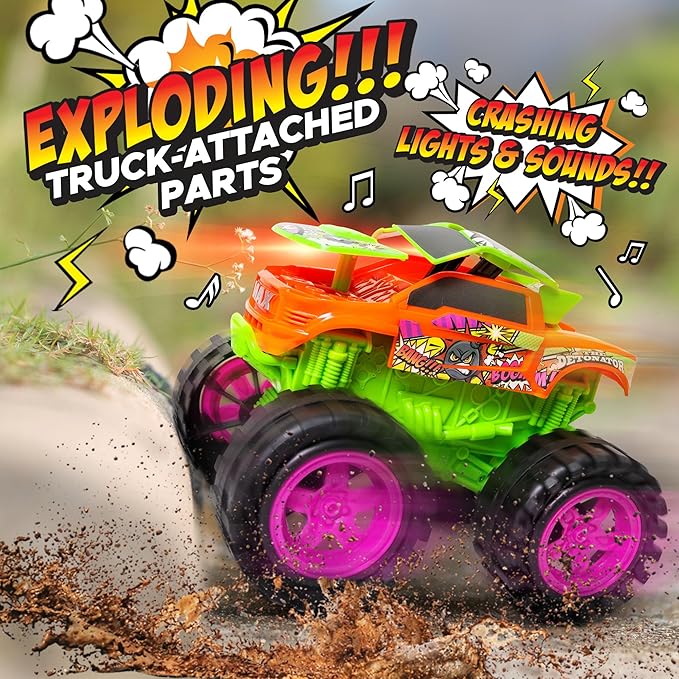Exploding Monster Truck Toy with Explosive Crash Sounds and Lights, Smash It Up Again and Again, 8.7” Monster Truck Toys for Boys Kids Ages 3, 4-7 & Above | Toddler Toys for 3 Year Old Boys Gift