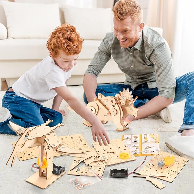 Dinosaur STEM Kits for Kids Ages 6-8-10-12, 4 in 1 Wood Building Toys for Boys Age 8-12, Build It Yourself Woodworking Kit, DIY 3D Wooden Puzzles Model Science Crafts for Kids, Stem Projects