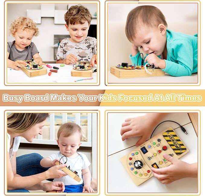 Dreamon Montessori Wooden Busy Board with 15 Led Lights - Baby Sensory Toys Light Switch Travel Toys for Ages 2-4 - Preschool Learning Activities Christmas & Birthday Gifts for Toddlers 18M+