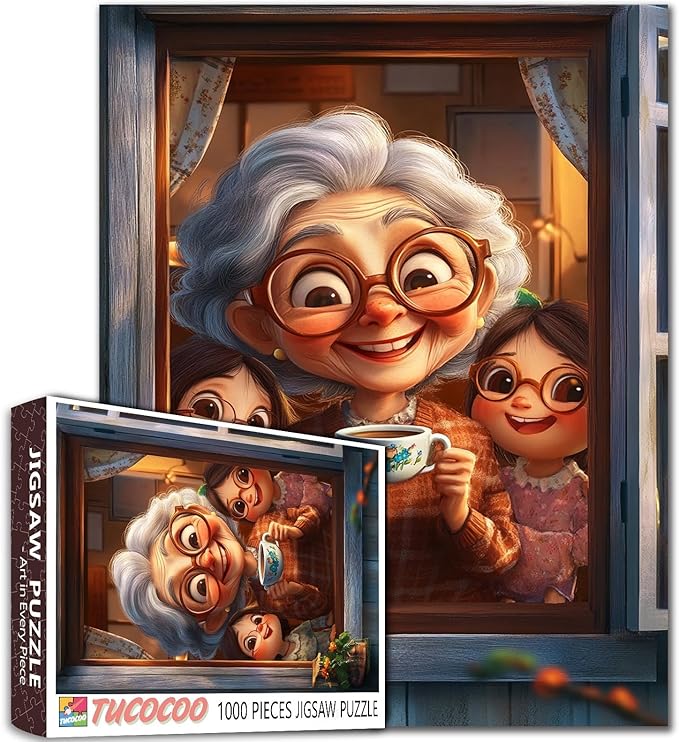 Grandma's Drinking Coffee On The Windowsill 1000 Piece Jigsaw Puzzle for Adults Students Two Cute Little Girl Granddaughters 20×27 Inches Puzzles Unique Art Gift Home Decor Fun Family Activity