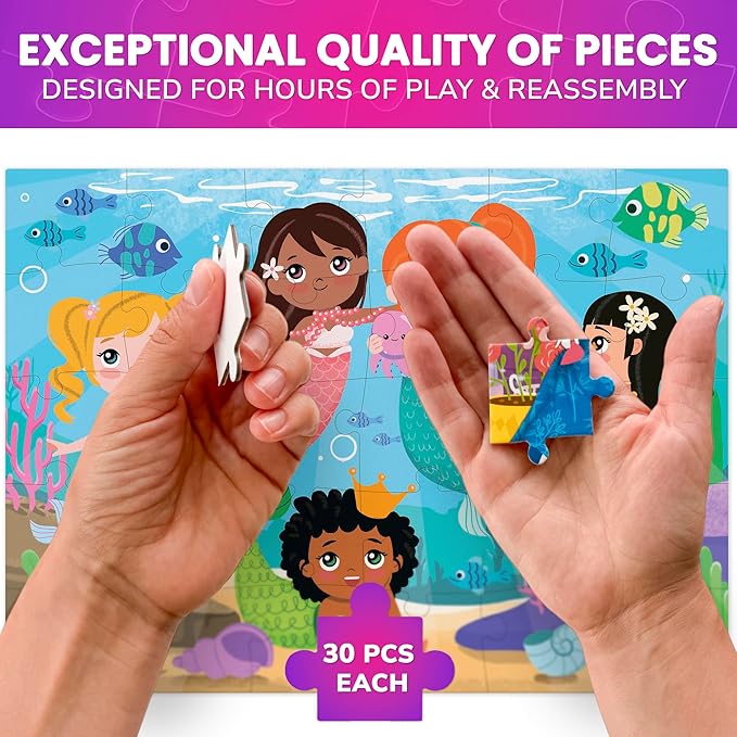 QUOKKA Puzzles for Toddlers 3-5 – Shimmer 4-Pack 30 Pieces Puzzles for Kids Ages 2-4 - Fairy Tale Jigsaw Set with Princess Unicorns for Kids 4-6 Years, Gift for 3 Year-Old Boy Girl, FSC Certified Toy