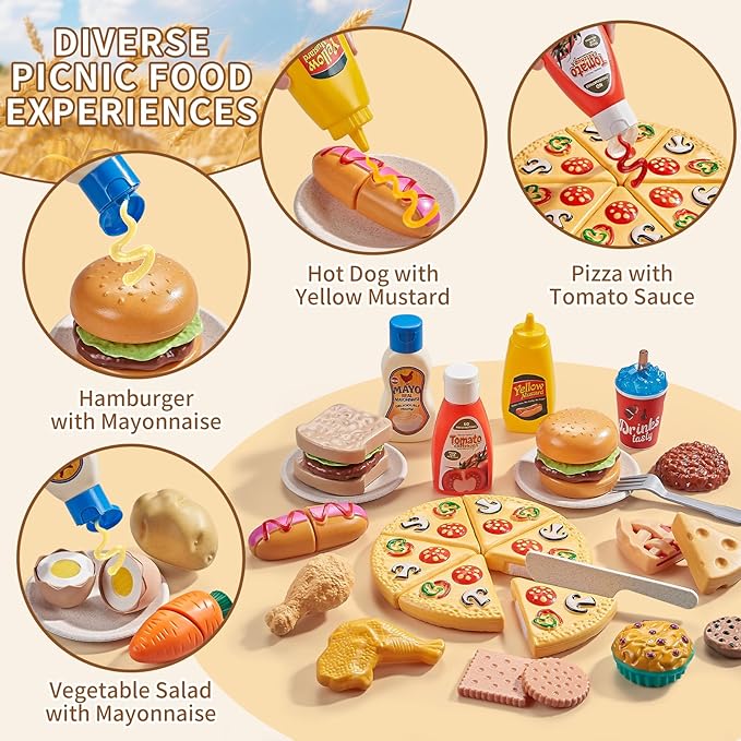 Play Food Sets for Kids Kitchen, Wheat Straw Pretend Food Toys with Kids Picnic Basket and Picnic Blanket, Cutting Toy Food, Fake Food with Pizza Toy, Play Kitchen Accessories, STEM Gift for Boy Girl