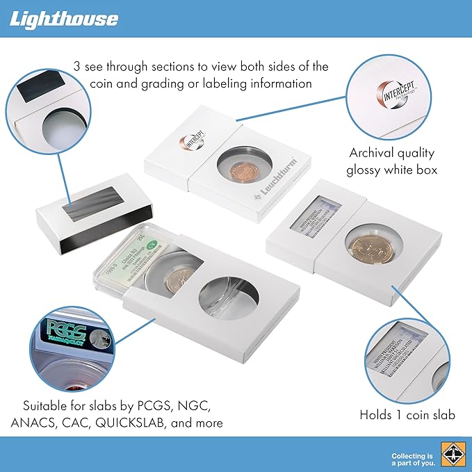 LIGHTHOUSE - Pack of 5 Single Slab Storage Boxes - Compatable with PCGS, NGC, ANACS with INTERCEPT TECHNOLOGY Corrosion Protection (2 5/8" x 1/2" x 3 1/2")