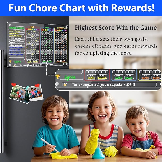 PigPotParty Acrylic Magnetic Chore Chart for Multiple Kids, 3-Kid Family, 16"x12" Large Dry Erase Chore Board, Responsibility Chart for Teens & Adults, with 12 Markers & Towel