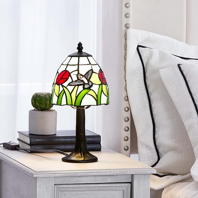 Tiffany Style mini Table Lamp-Stained Glass Hummingbird with Tulip Design Table or Desk Light LED Bulb Included-Vintage Look Colorful Accent Decor