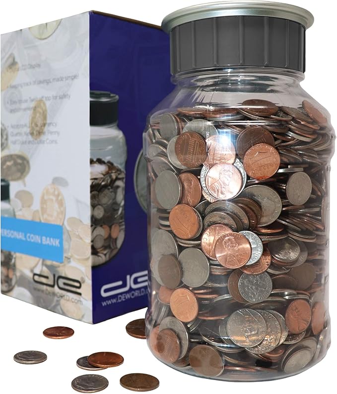 Teacher's Choice Digital Coin Bank, Savings Jar, and Piggy Bank | Automatic Coin Counter Totals All U.S. Coins Including Dollars and Half Dollars - Original Style, Clear Jar w/Grey Lid