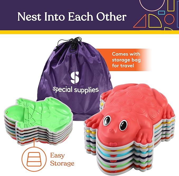 Special Supplies Stepping Stones for Kids - Set of 6 Frog Balance Blocks - Indoor/Outdoor Play - Child Safe Rubber, Non-Slip Edging - Promotes Coordination, Balance, Strength, Game Included