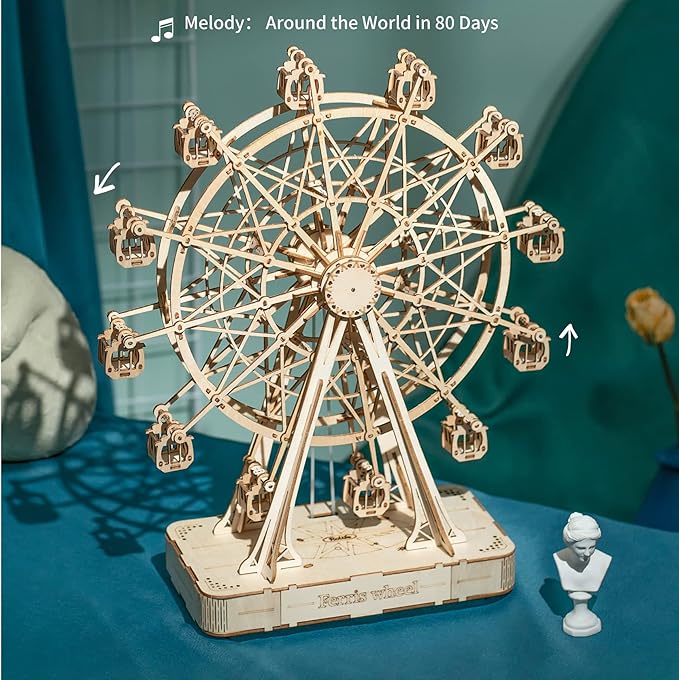 Rolife 3D Wooden Puzzle Hand Crank Music Box Machinarium Toys-DIY Wood Craft Kit-Creative Gift for Adults When Christmas/Birthday (Ferris Wheel Wood Color)