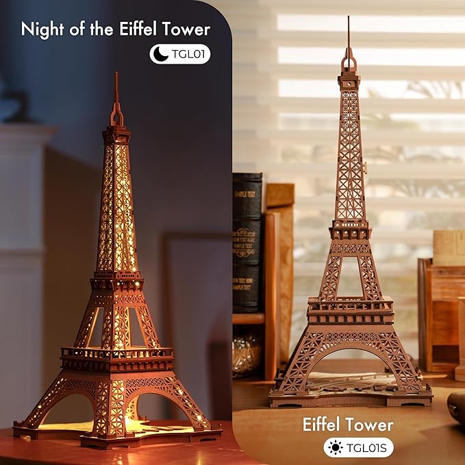 ROBOTIME 3D Puzzle for Adults DIY Model Building Kit with LED Light Wooden Eiffel Tower Craft Kit Architecture Toy Set Brain Teaser Gifts for Friend