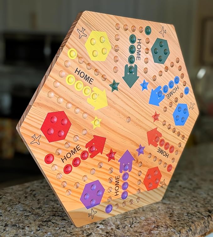 Wooden Wahoo Marble Board Game (20 INCH), Double-Sided, for 2-6 Players, with 24 Marbles and 6 dice. Also Includes Ring Toss, Wooden Hook and Ring Gameand Premium Playing Cards.