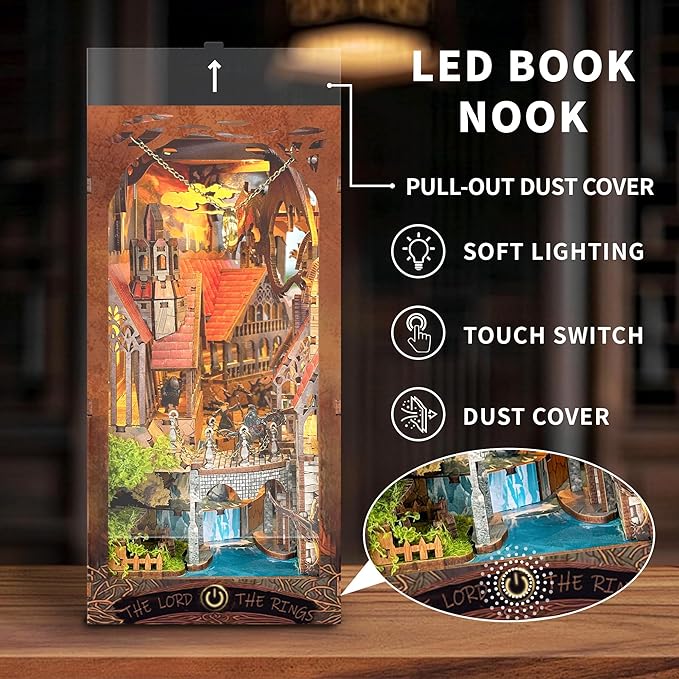 [2025 New] Magic Ring Book Nook Kit with Dust Cover & LED Light, DIY Miniature House Kit Toy, 3D Wooden Puzzle Bookshelf Decor Building Kit, Birthday Gifts for Family & Friends