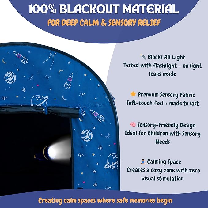 L’ARCHE Sensory Tent for Kids with LED Lights & Remote Blackout Pop-Up Calm Down for Autism, ADHD & SPD Indoor Sensory Room Play Tent Foldable & Portable (Space Theme, Big 47.2 inches)