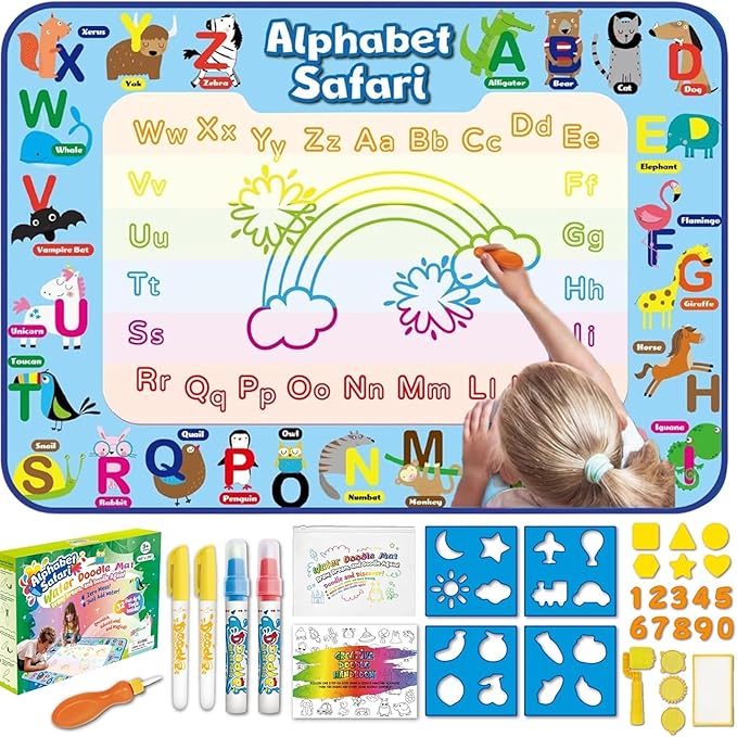 ANIMOLDS Water Doodle Mat - 40x32 Inch Aqua Magic Drawing Board for Kids (Alphabet Safari)