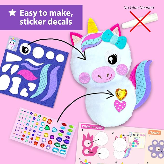 KRAFUN Easy Pom Pom Craft Kit for Girls, 8 Cute Crafts (Unicorn, Fairies), Felt Stickers, Instructions, Creative DIY Set, Adorable Educational Toy