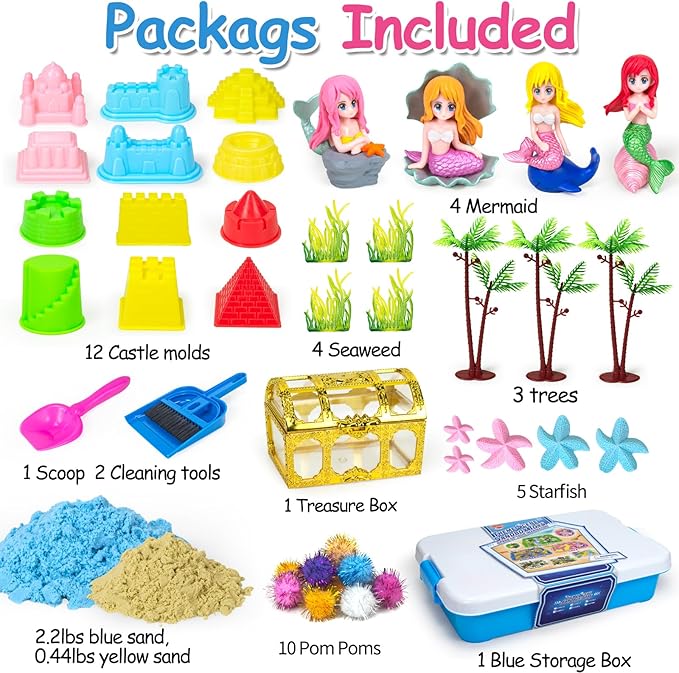 Mermaid Sensory Bin Sandbox Toys for Toddlers Girls Kids- Mermaid Toys for Kids Play Sand Kit Sensory Bin Toy with 2.2 lbs Sand & Castle Mold,Great Christmas Birthday Gift for Girl Boys