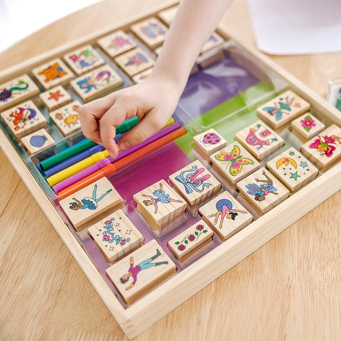 Melissa & Doug Deluxe Wooden Stamp and Coloring Set – Fairy Tale (30 Stamps, 6 Markers, 2 Durable 2-Color Stamp Pads) Fairy Tale-Themed Wooden Stamps for Kids and Coloring Activity Set