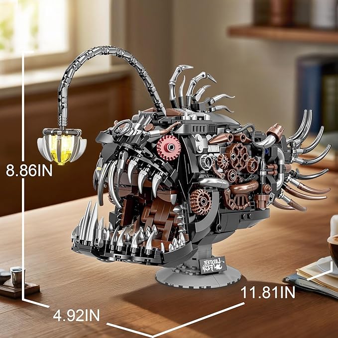 Mechanical Lantern Fish Building Sets for Adults, Compatible with Lego, Creative Ocean Animal Toy for Home Office Decor, STEM Gift for Boys 8-14