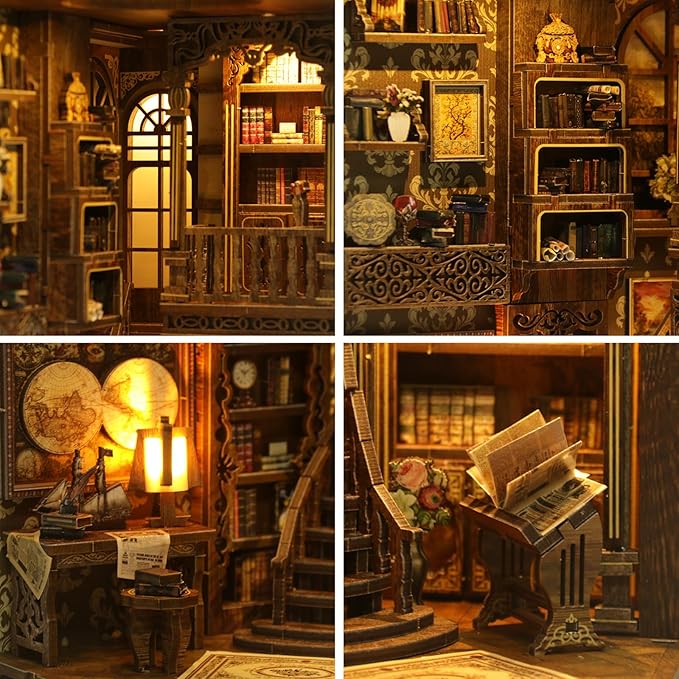 Book Nook Kit - DIY Miniature Dolls House Kit with Furniture and LED Light, 3D Puzzle Wooden Art Bookends, Model Kits for for Adults and Teens (Ancient Books)