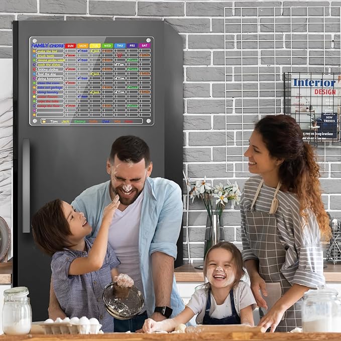 PigPotParty Acrylic Magnetic Chore Chart for Family & Multiple Kids – 16"x12" Large Dry Erase Chore Board for Fridge, Daily & Weekly Responsibility Chart for Adults, Includes 12 Markers & 1 Towel