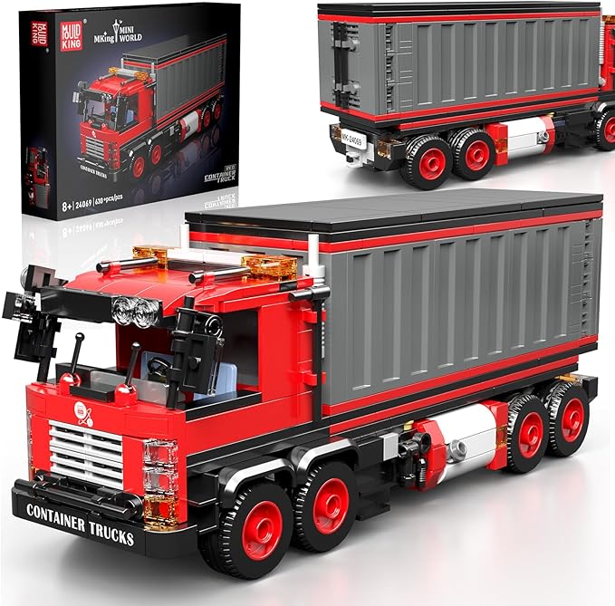 Mould King Red Container Truck Building Set, Toy Realistic American Style Trucks for Boys Aged 8+, 24069 Realistic Trailer Car Model with Detailed Interior, Collectible Blocks for Adults (630 Pieces)