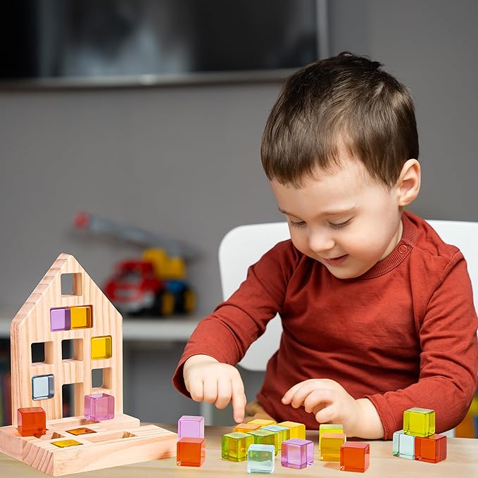 Woodtoe Wooden Building Blocks Set for Kids, 24 PCS Rainbow Gem Cubes Stacking Blocks - 2 Wood House, Montessori Stacking Toy for Toddlers, Educational STEM Learning Toy for Boys Girls 3-6