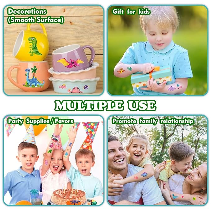 Partywind 120 Glitter Styles Dinosaur Tattoos for Kids Party Supplies, Dinosaur Birthday Party Favors Decorations, Fake Tattoo Stickers for Boys and Girls (12 Sheets)
